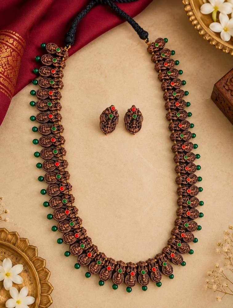 Copper and Green Long Haram In Lakshmi Design Terracotta Jewellery Set