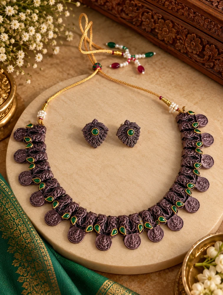 Copper and Green Mridvika Royal Terracotta Jewellery Set