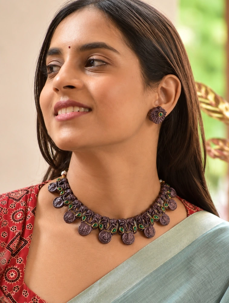 Copper and Green Mridvika Royal Terracotta Jewellery Set   