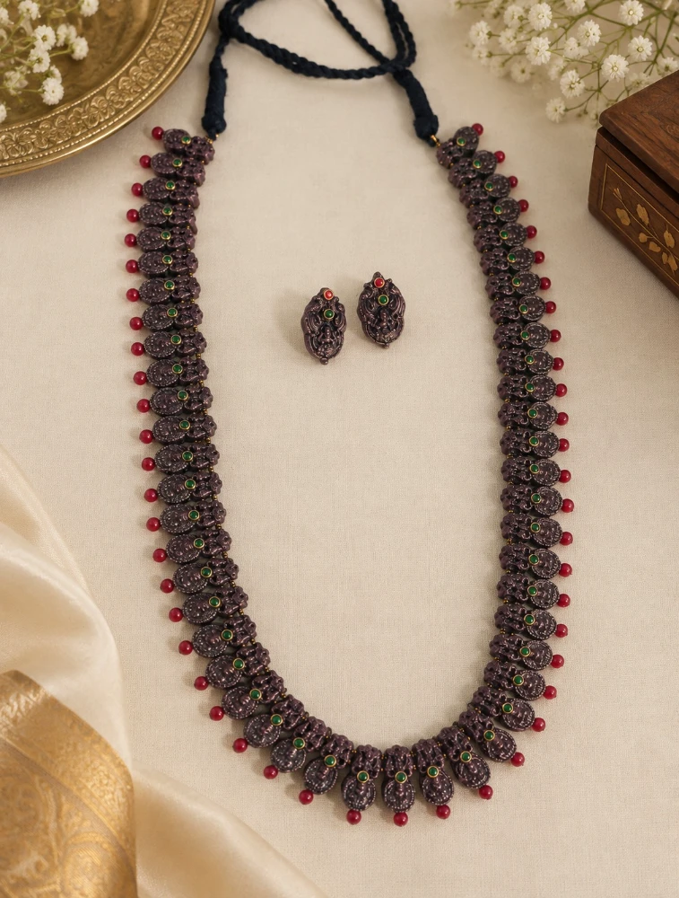 Copper and Red Long Haram In Lakshmi Design Terracotta Jewellery Set