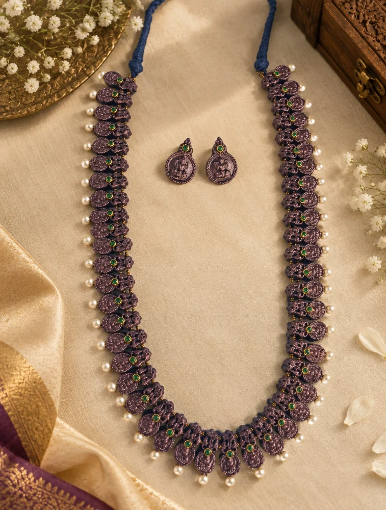 Copper and White Long Haram In Lakshmi Design Terracotta Jewellery Set