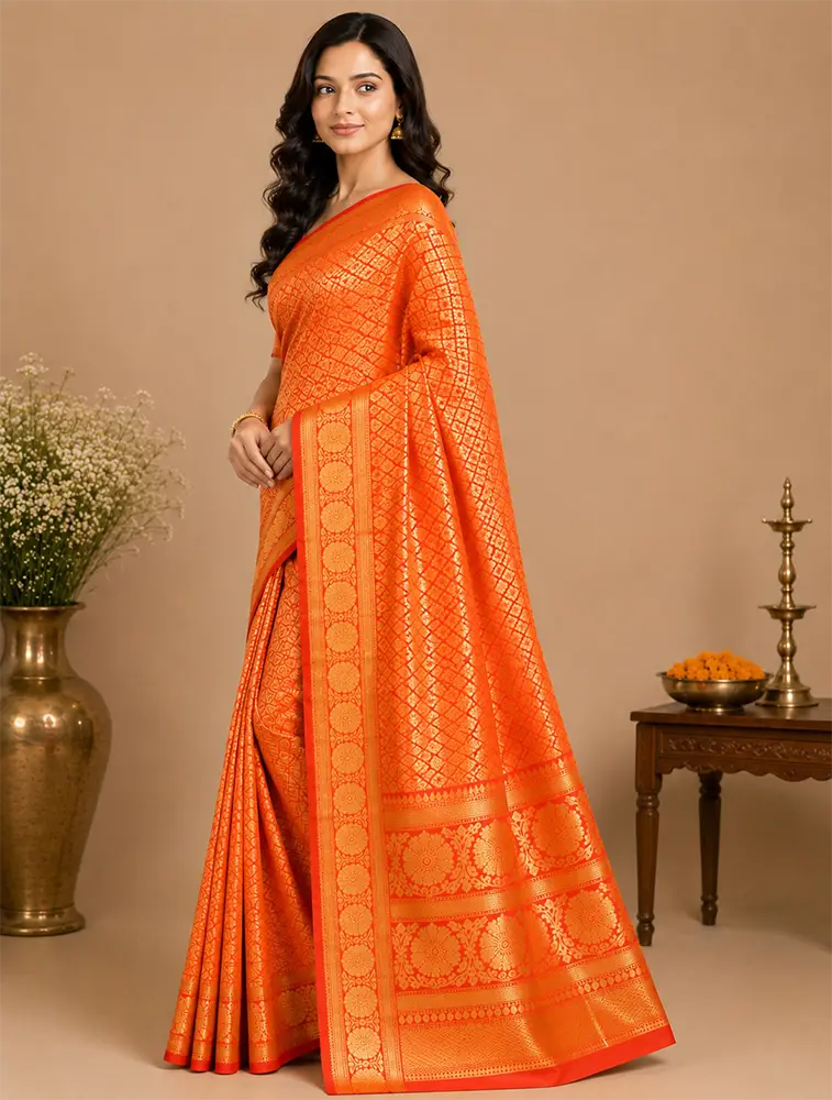 Coral Orange   Womens  Premium Tissue Brocade 3 Card Saree      