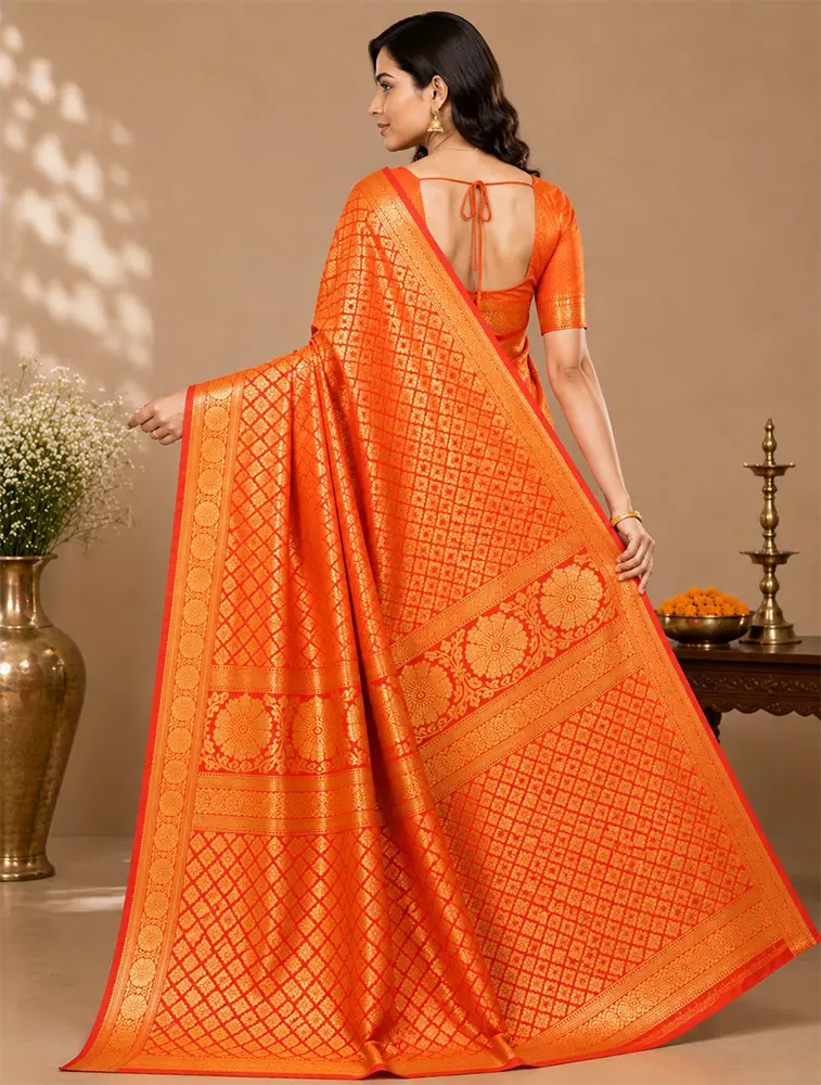 Coral Orange  Womens  Premium Tissue Brocade 3 Card Saree