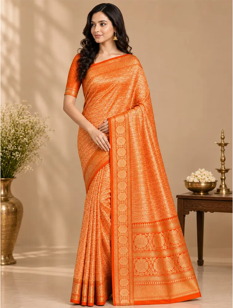 Coral Orange Womens Premium Tissue Brocade 3 Card Saree