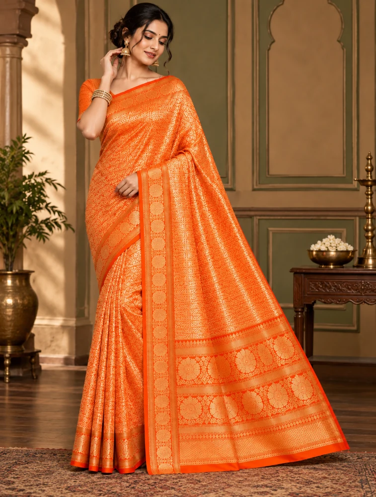 Coral Orange Womens Elegant Tissue Brocade Saree with Rich Zari Border