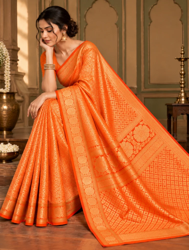 Coral Orange  Womens Elegant Tissue Brocade Saree with Rich Zari Border