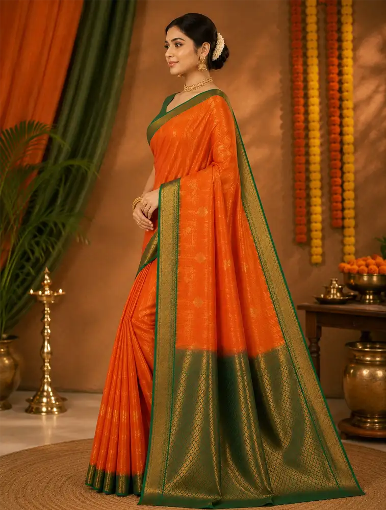 Coral Orange Womens Rust Printed Linen Saree Collection