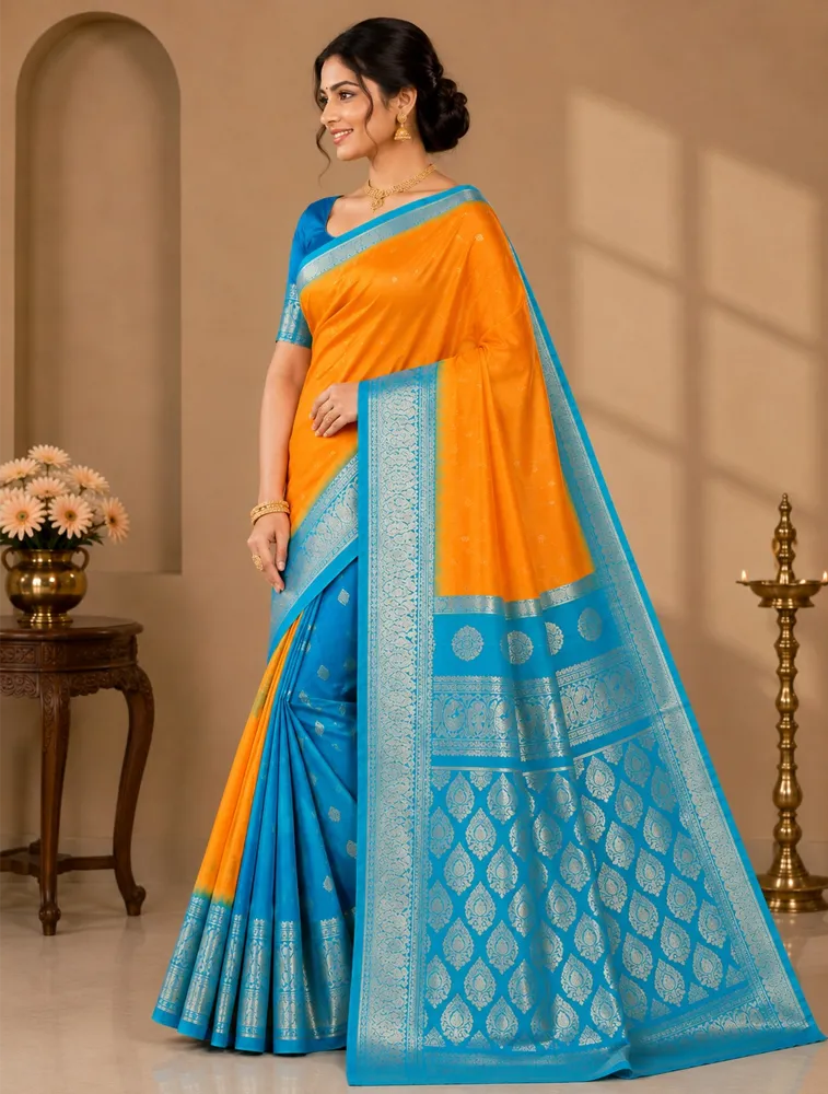 Coral Orange Womens Premium Semi Gadwal Saree