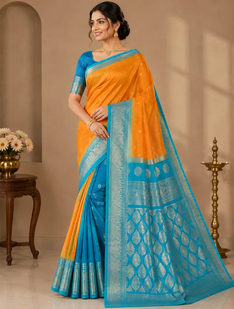 Coral Orange Womens Premium Semi Gadwal Saree 