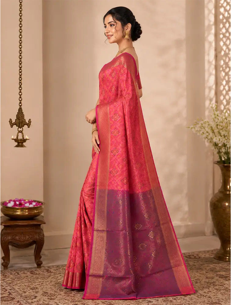 Coral Pink Womens Textured Acrylic Dobby Saree