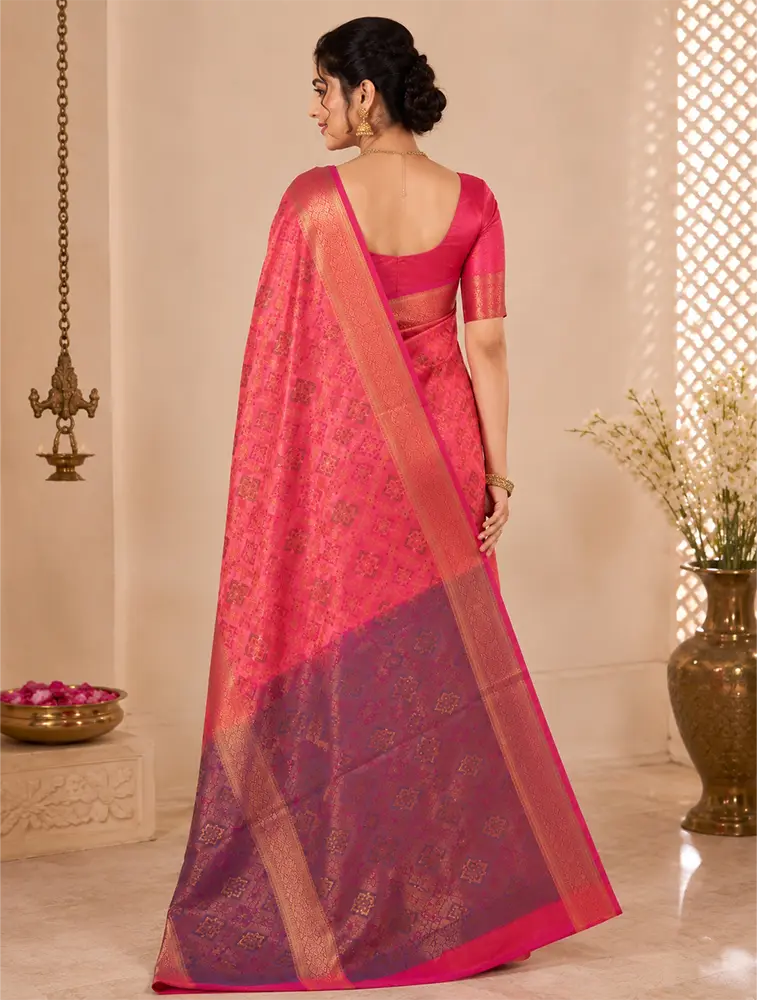 Coral Pink Womens Textured Acrylic Dobby Saree — bulk from ₹1396