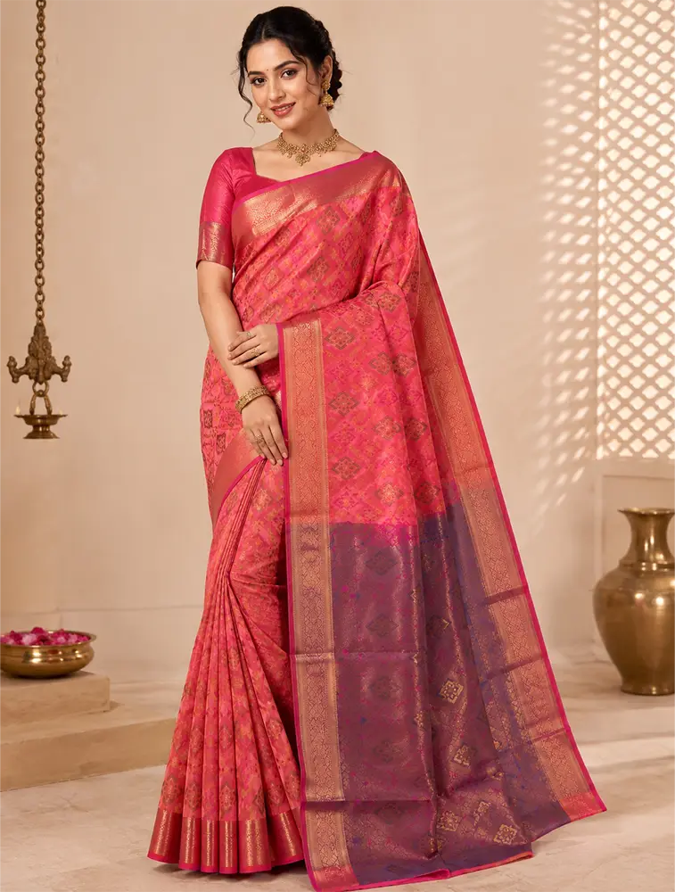 Coral Pink Womens Textured Acrylic Dobby Saree