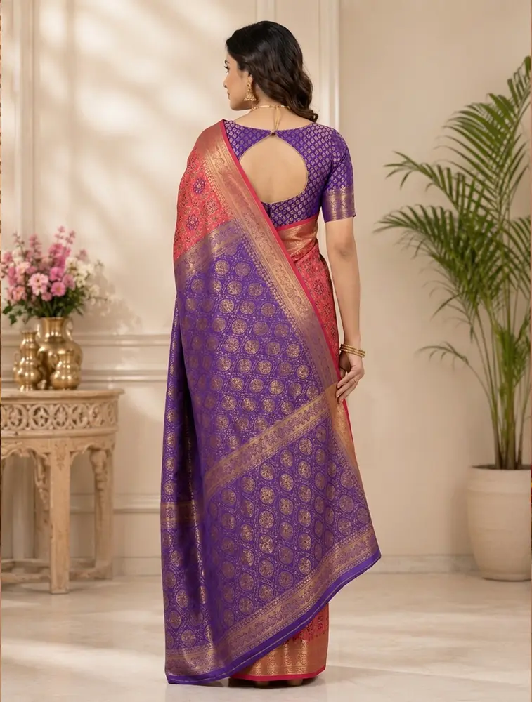 Coral Pink Womens Textured Acrylic Dobby Saree