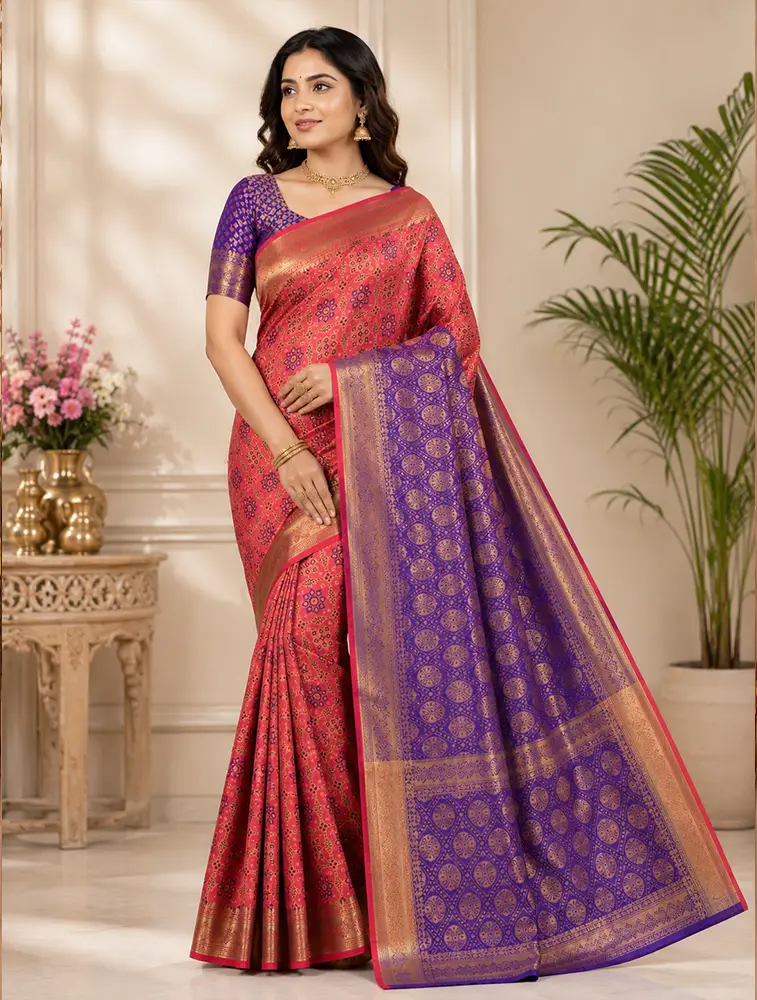 Coral Pink Womens Textured Acrylic Dobby Saree — bulk from ₹1396