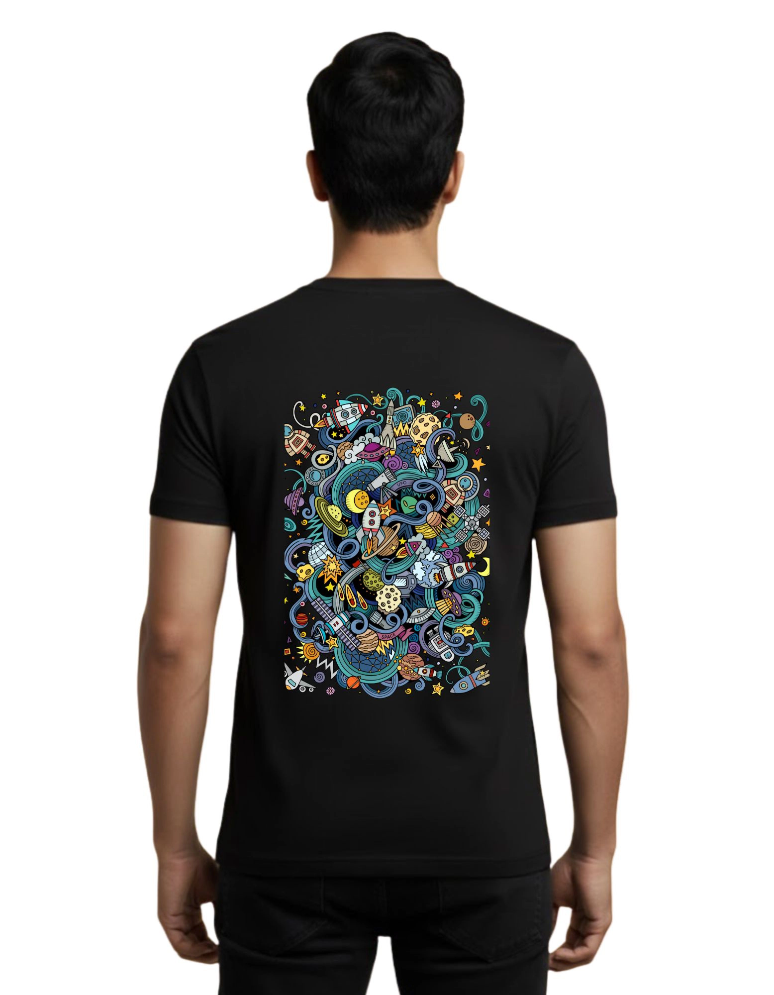 Cosmic Space Graphic Cotton Round Neck 180 GSM T-Shirt Black