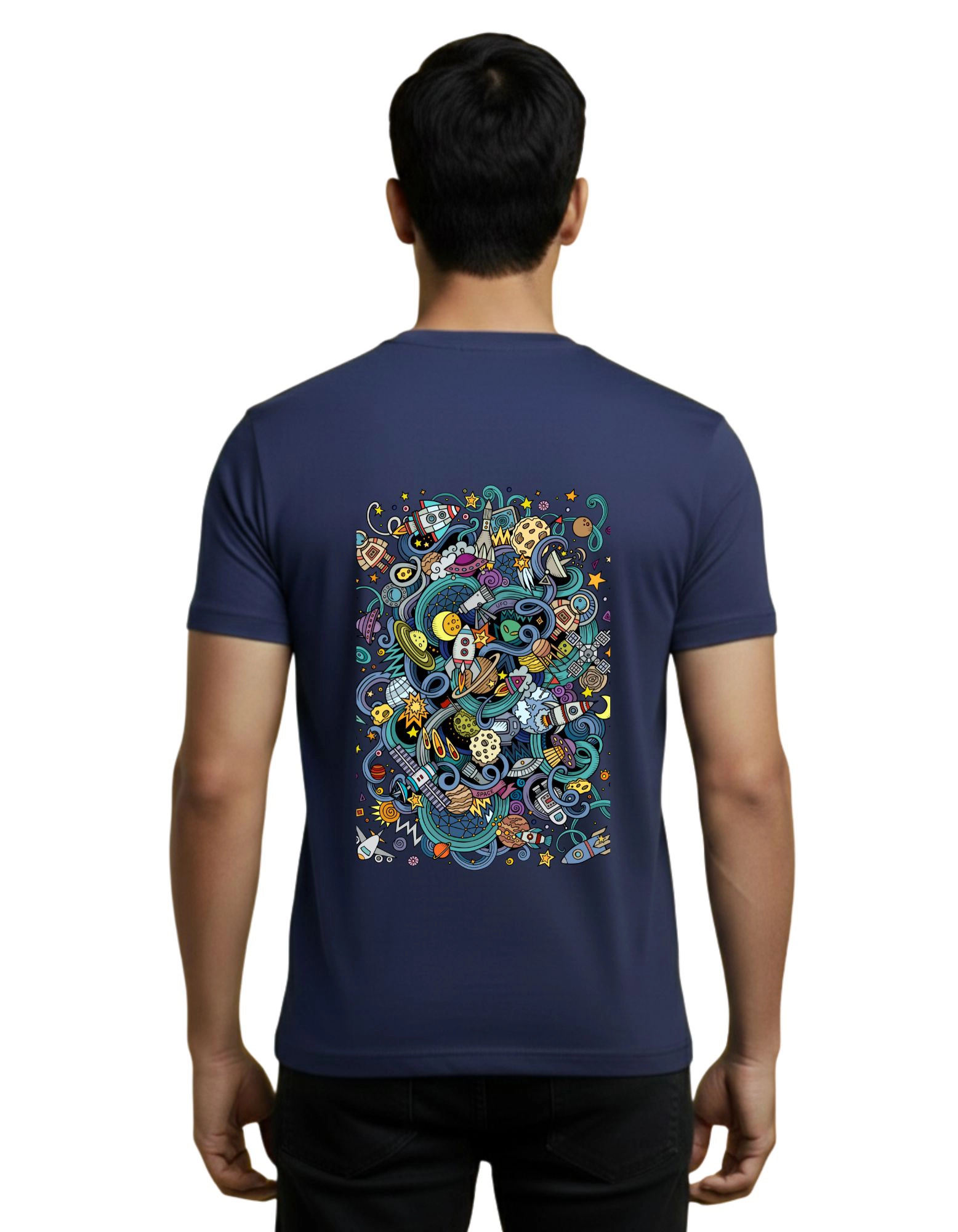 Cosmic Space Graphic Cotton Round Neck 180 GSM T-Shirt Navy Blue