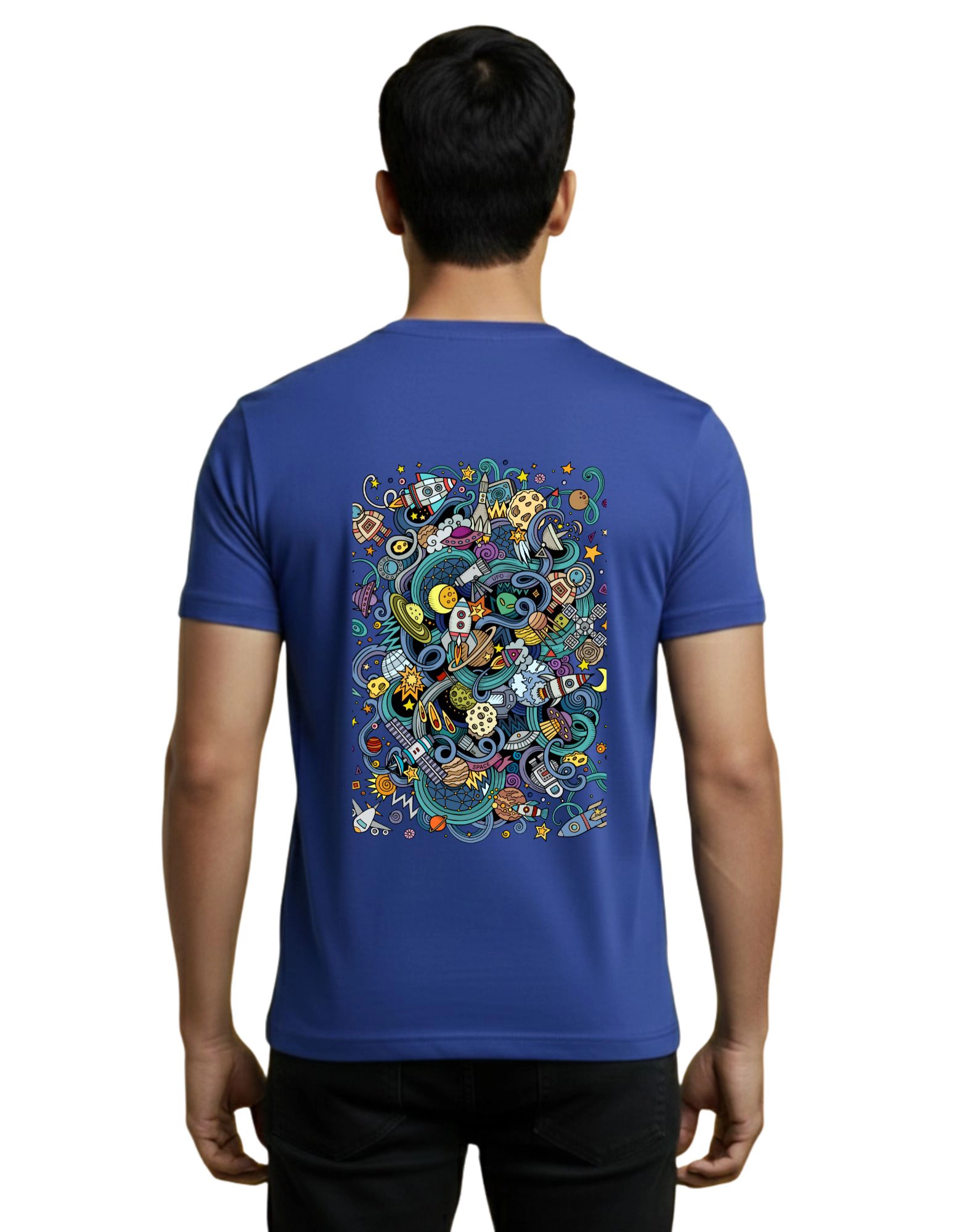 Cosmic Space Graphic Cotton Round Neck 180 GSM T-Shirt Royal Blue