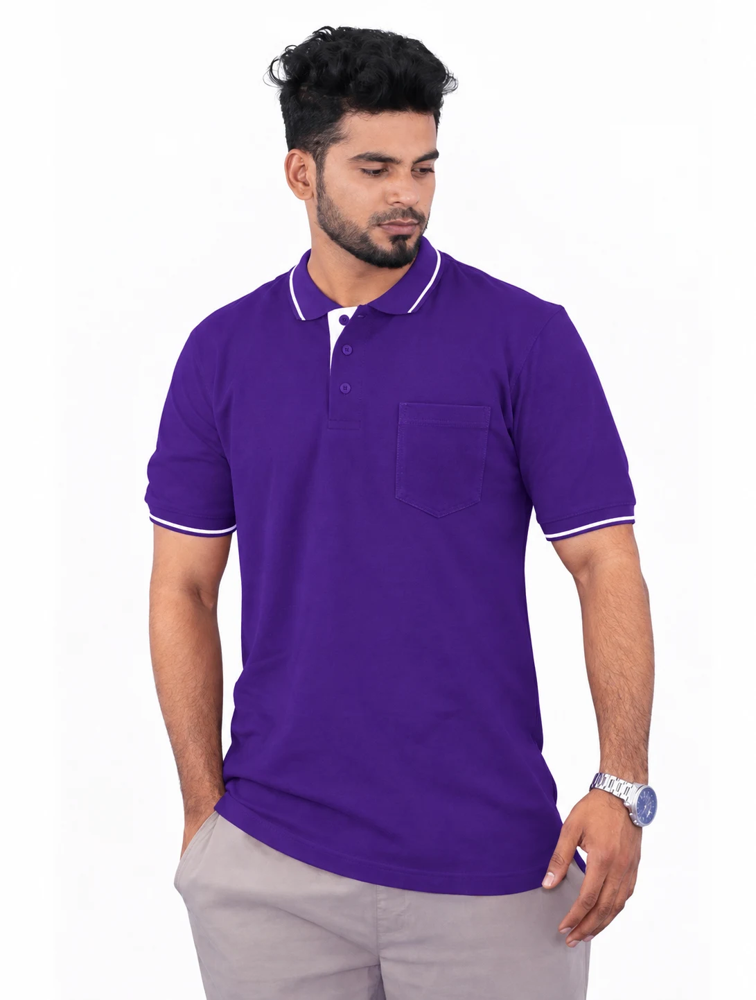 Purple Cotton 240 GSM Polo TShirt With Contrast Tipping and Pocket