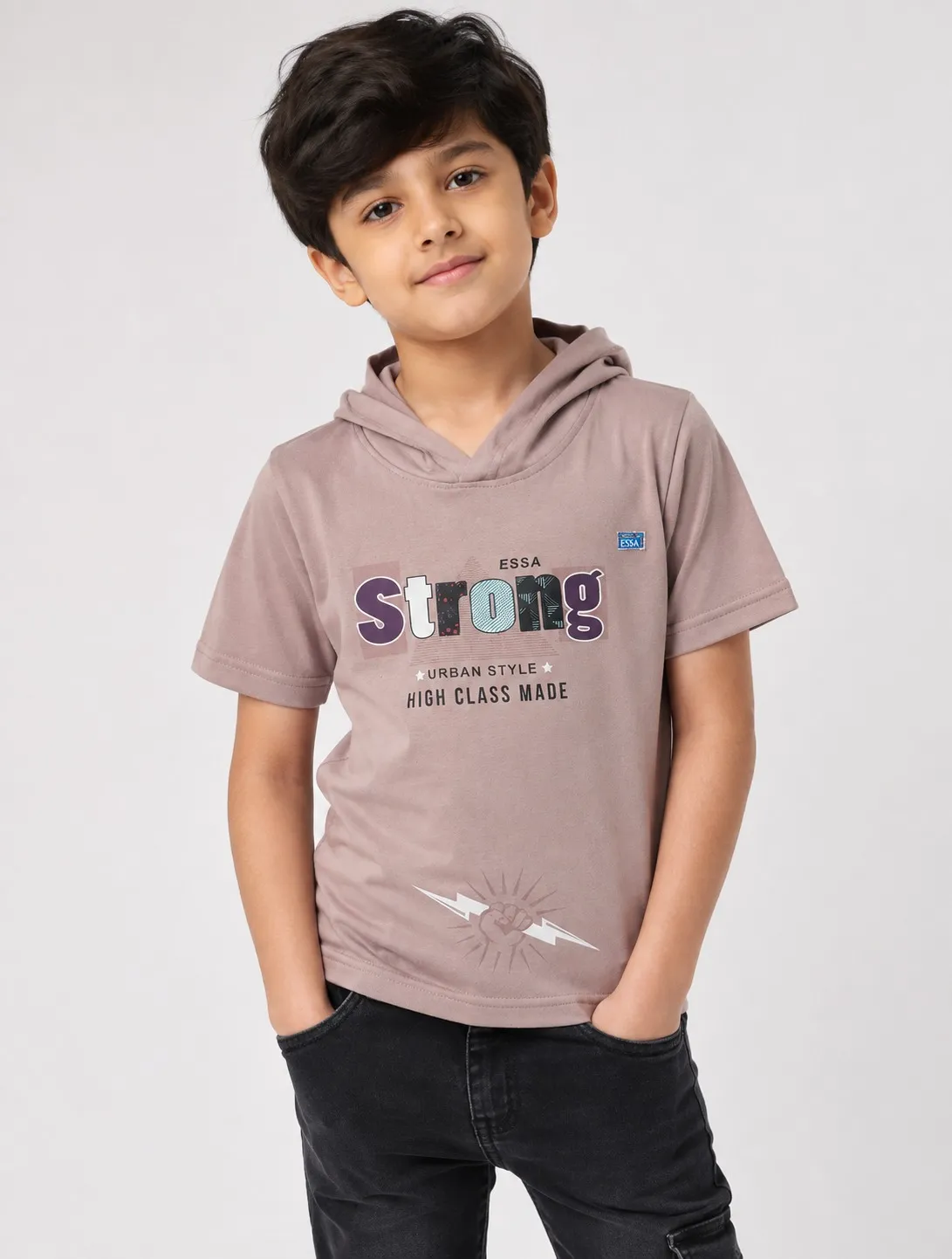 Cream Beige Boys Premium Printed Half Sleeve Cooper Hood  T Shirt