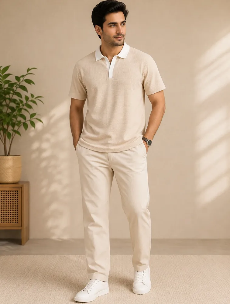 Cream Beige Mens Collar Polo Neck T Shirt