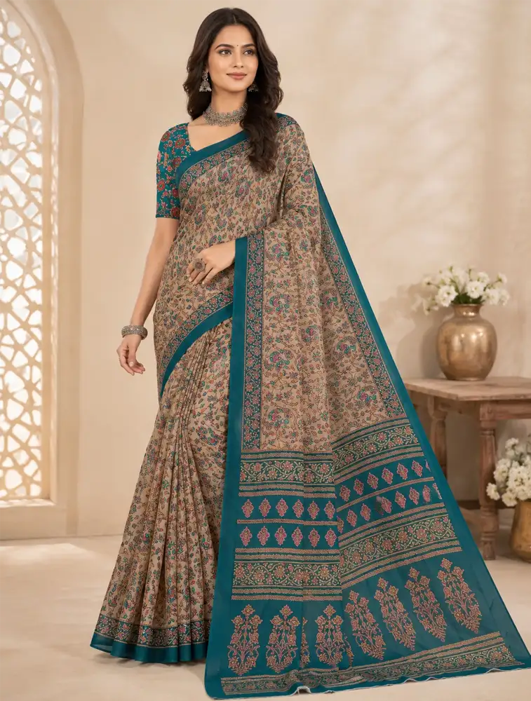 Cream Beige Womens Printed Soft Silk Saree 