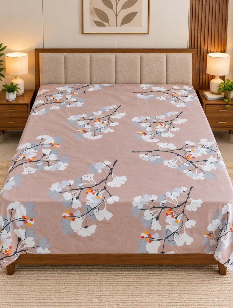 Cream Cotton Printed Double Bed King Size Bedsheet