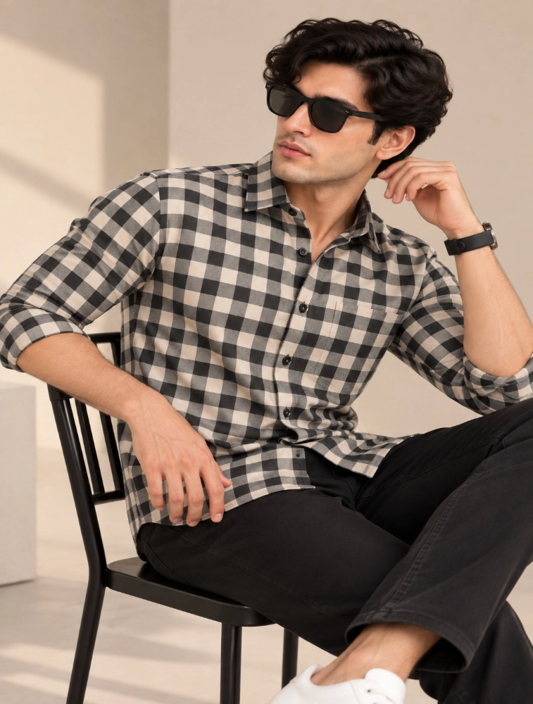 Cream Mens Slim Fit Checks Casual Shirt