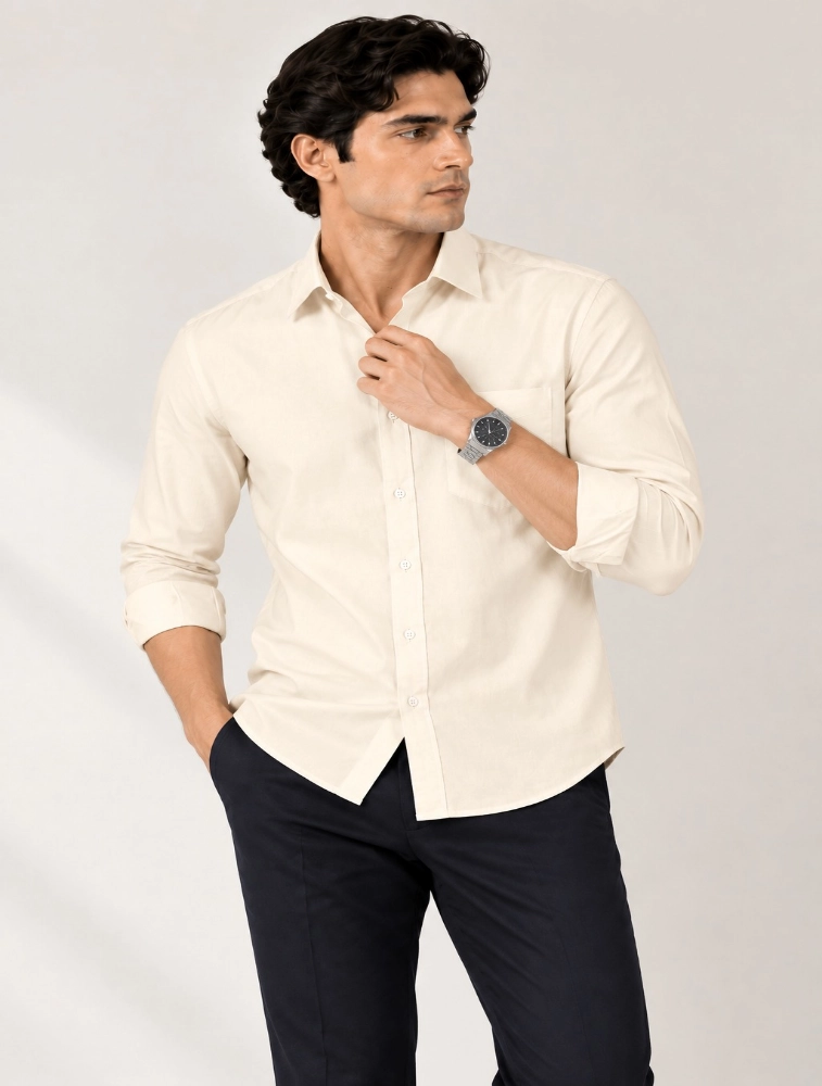 Cream Mens Slim Fit Solid Casual Shirt