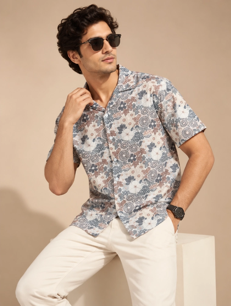 Cream Multicolor Mens 100 percent cotton half sleeve printed shirt