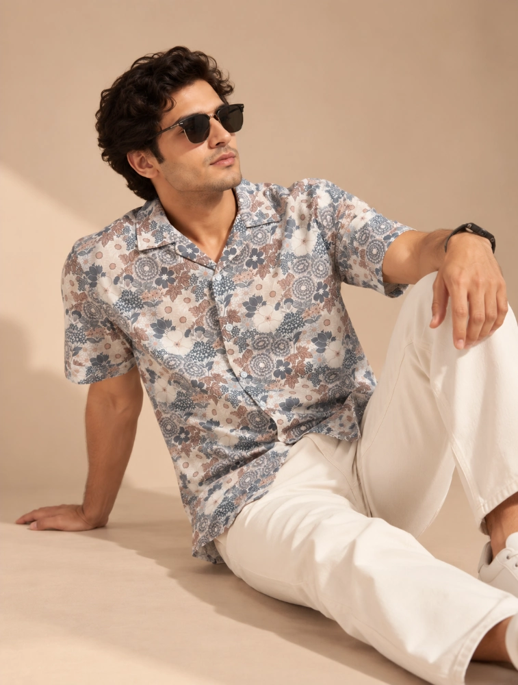 Cream Multicolor Mens 100 percent cotton half sleeve printed shirt