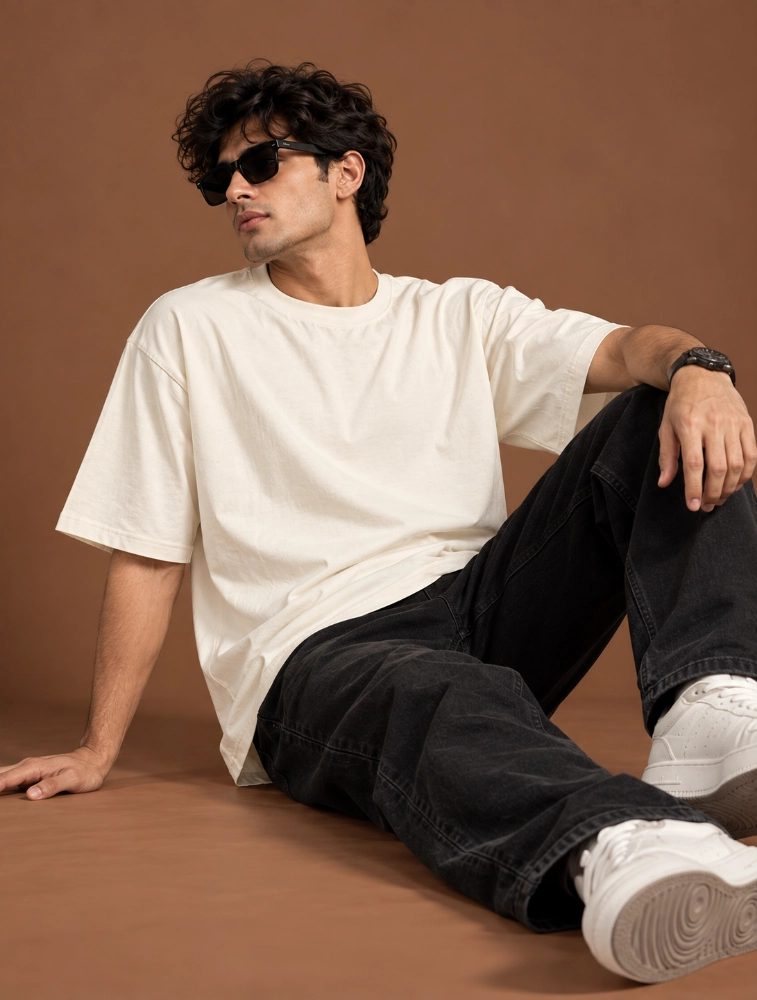 Cream Oversize Cotton French Terry Half Sleeve 240 GSM Tshirt