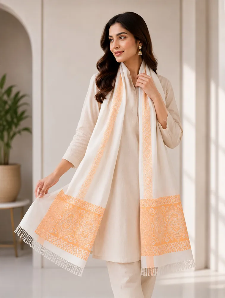 Cream Premium Printed Jacquard Winter Shawls — bulk from ₹502