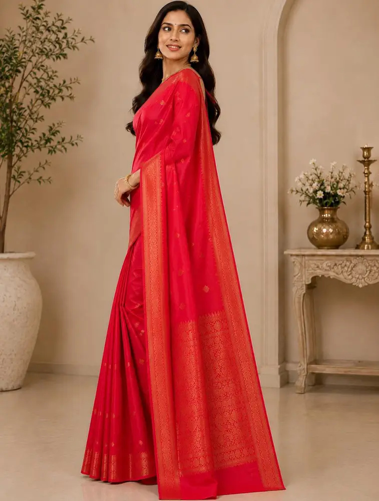 Crimson Red Womens Royal Jarri Soft Silk Sarees — bulk from ₹1787