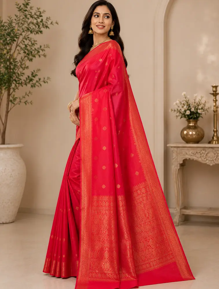 Crimson Red Womens Royal Jarri Soft Silk Sarees — bulk from ₹1787