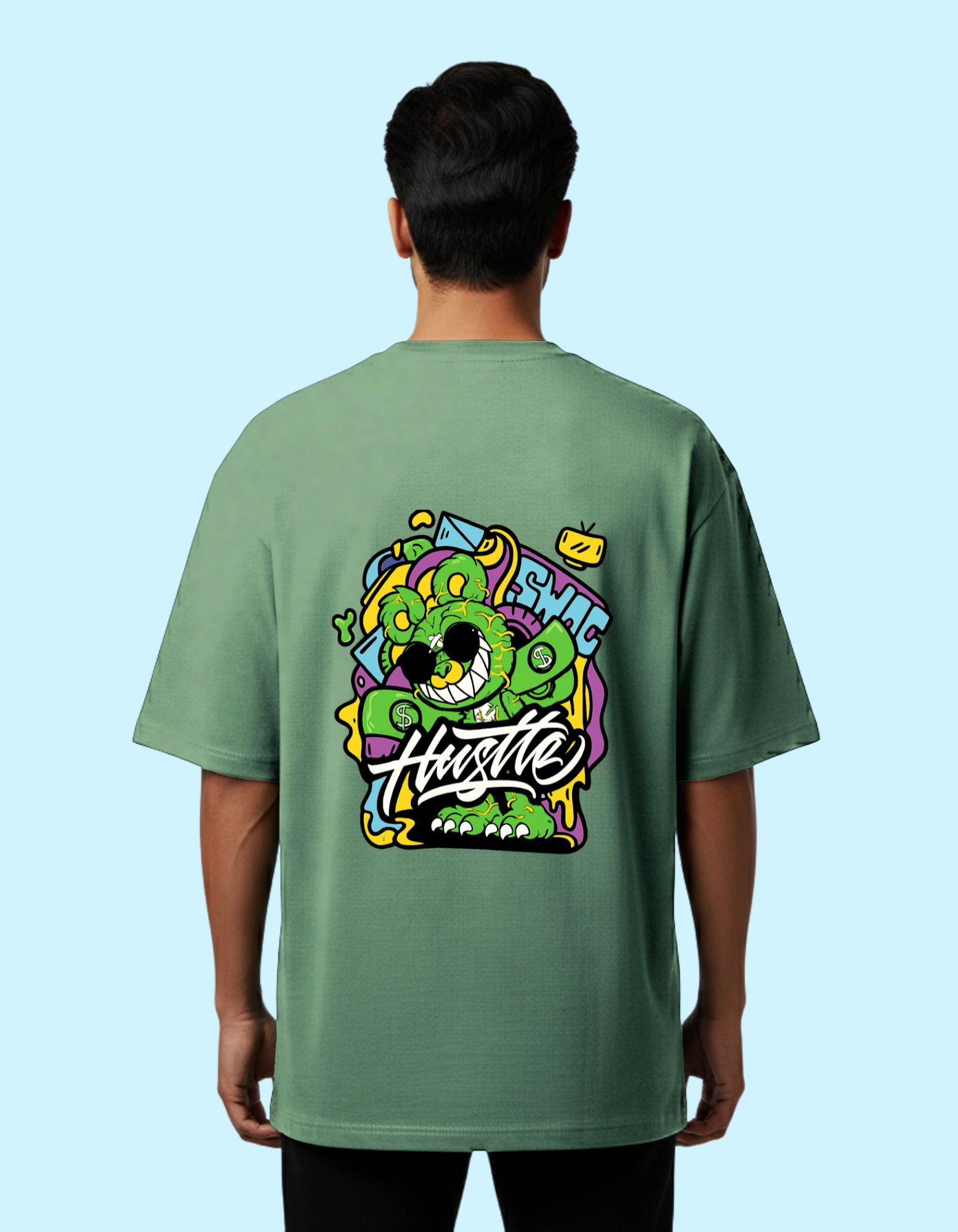 Hustle Graphic Oversized French Terry Cotton T-Shirt 240 GSM  D Green