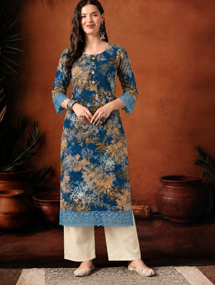 Dark Blue Abstract Elegance Printed Kurti    