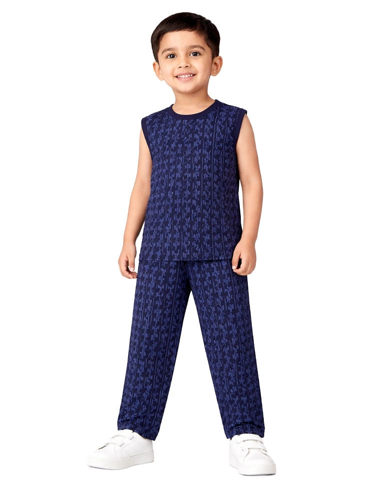 Dark Blue Boys Printed Lounge Sets