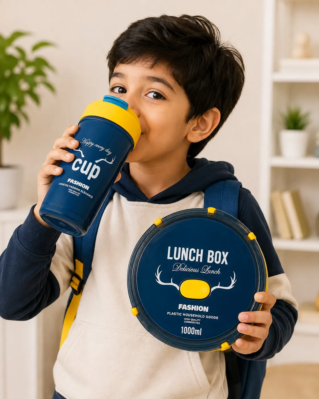 Dark Blue Fresh Round Premium Meal Lunch Box And Sipper Bottle Combo Set