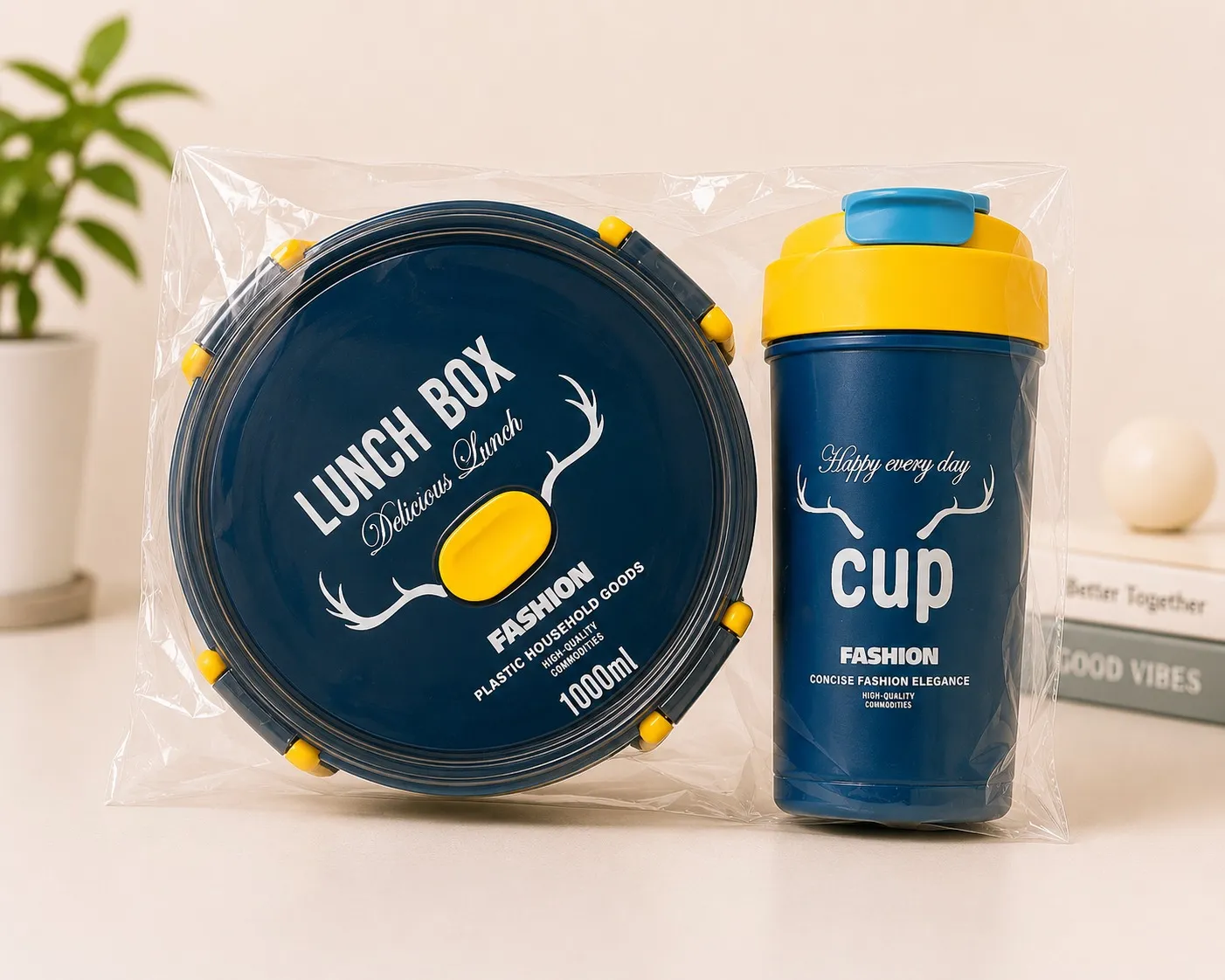 Dark Blue Fresh Round Premium Meal Lunch Box And Sipper Bottle Combo Set
