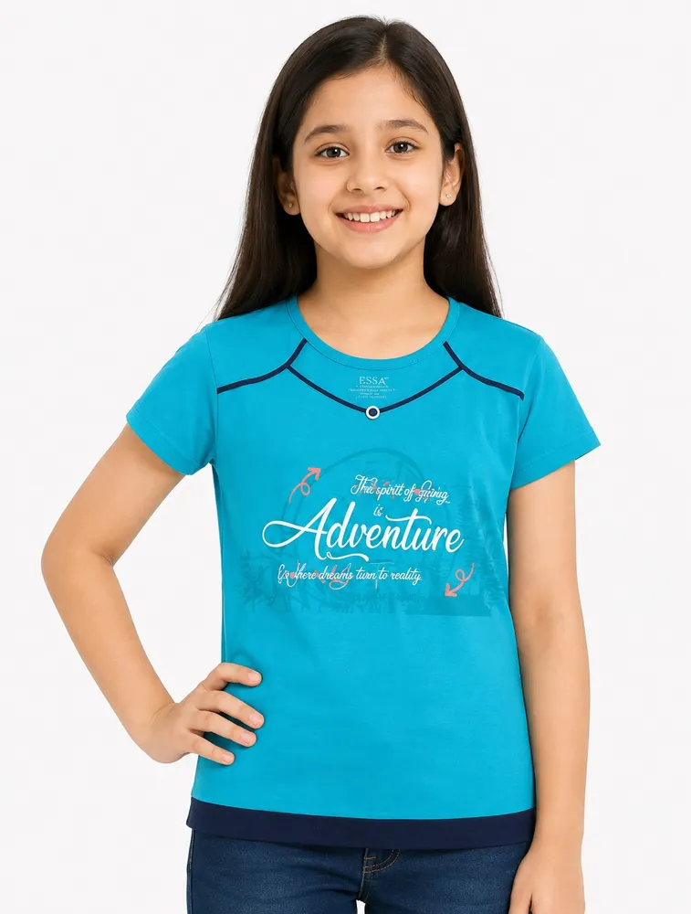 Dark Blue Girls Graphic Printed Cotton Half Sleeve T Shirt