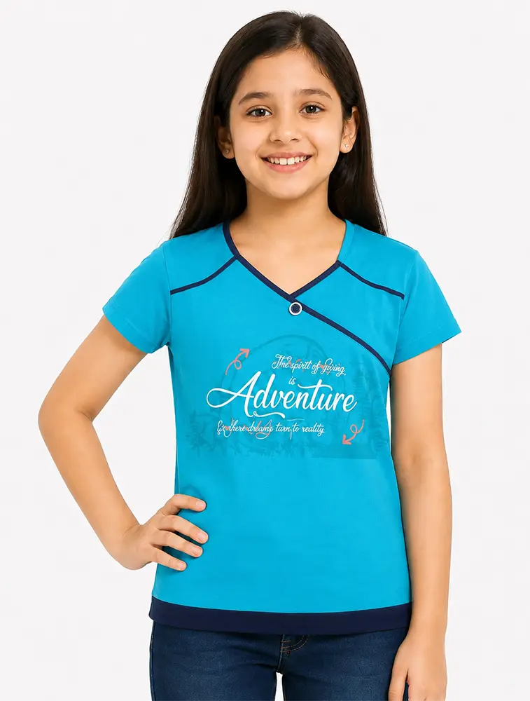 Dark Blue Girls Graphic Printed Cotton Half Sleeve T Shirt