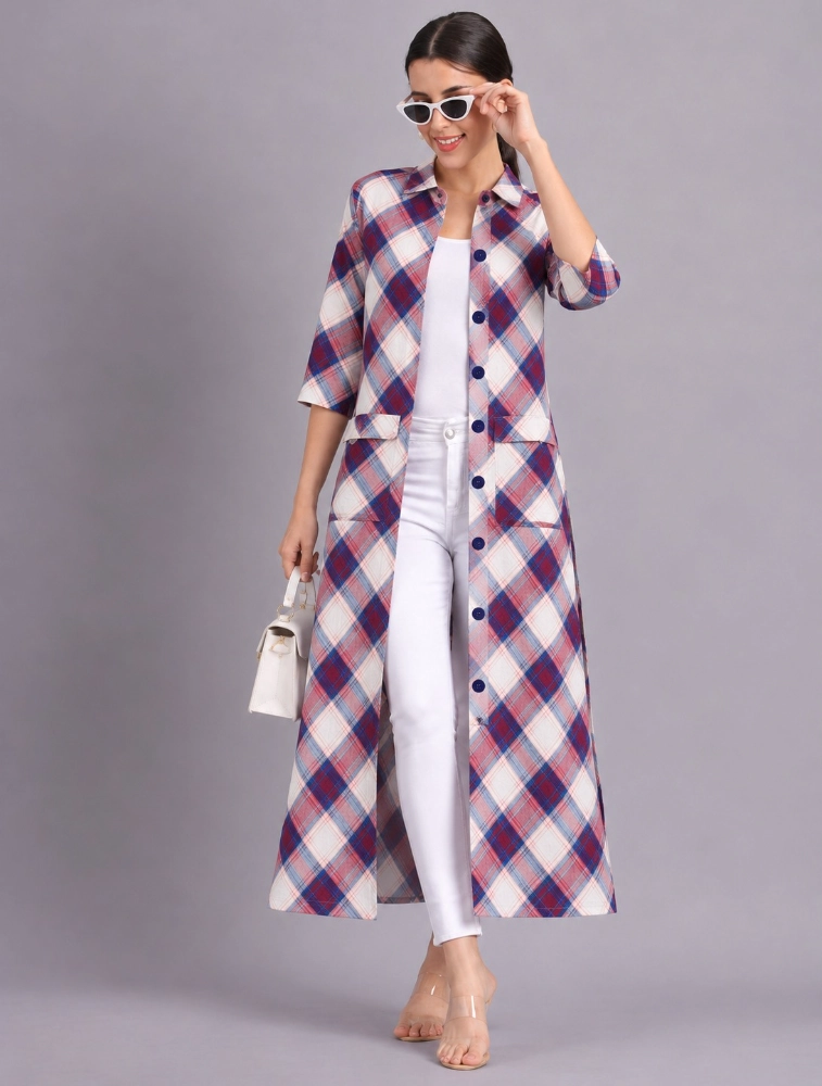 Broken Ritualz Womens Checked Longline Shrug Dark Blue