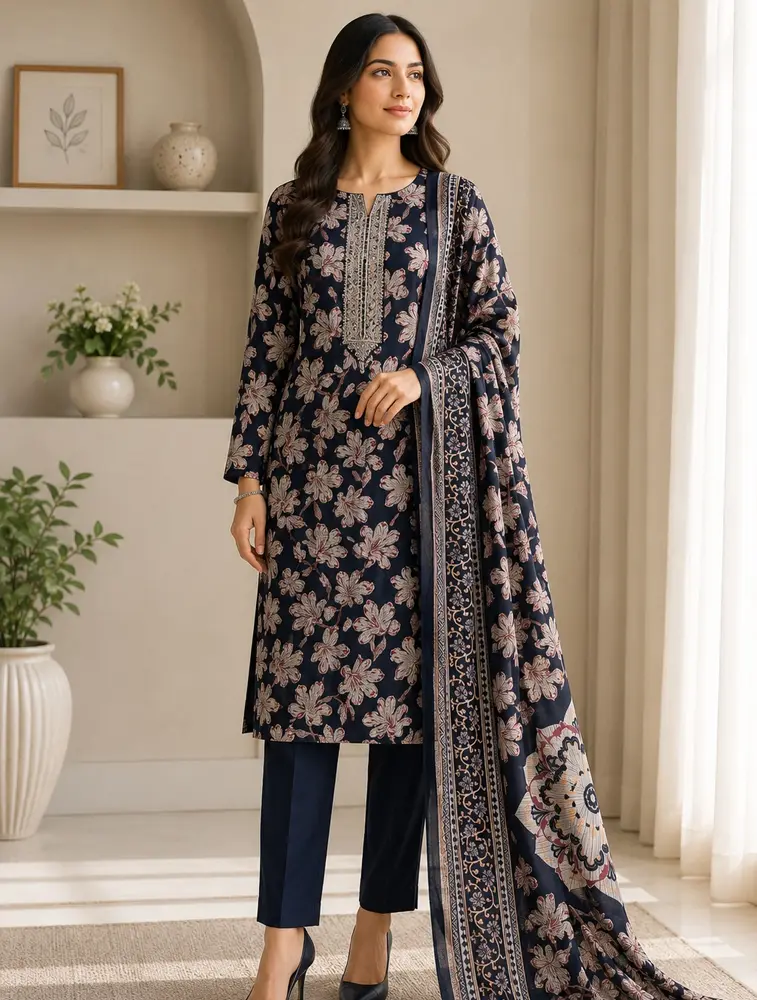 Dark Blue Womens Floral Printed Berlin Fabric Kurtha Set With Dupatta