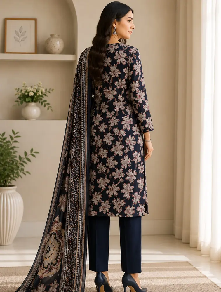 Dark Blue Womens Floral Printed Berlin Fabric Kurtha Set With Dupatta — bulk from ₹1066