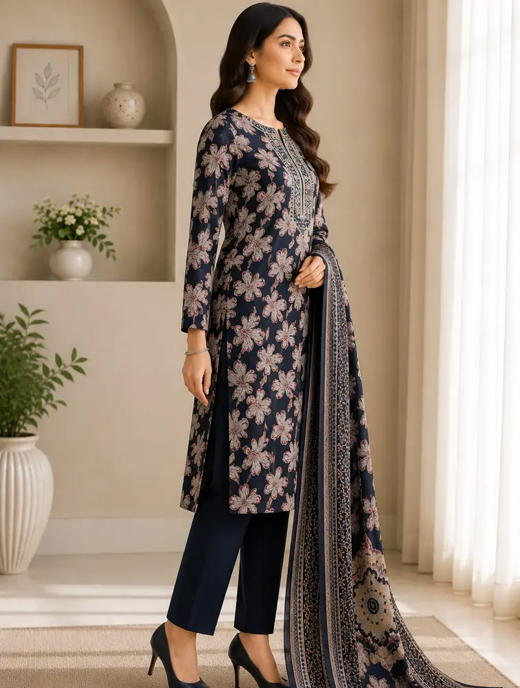 Dark Blue Womens Floral Printed Berlin Fabric Kurtha Set With Dupatta