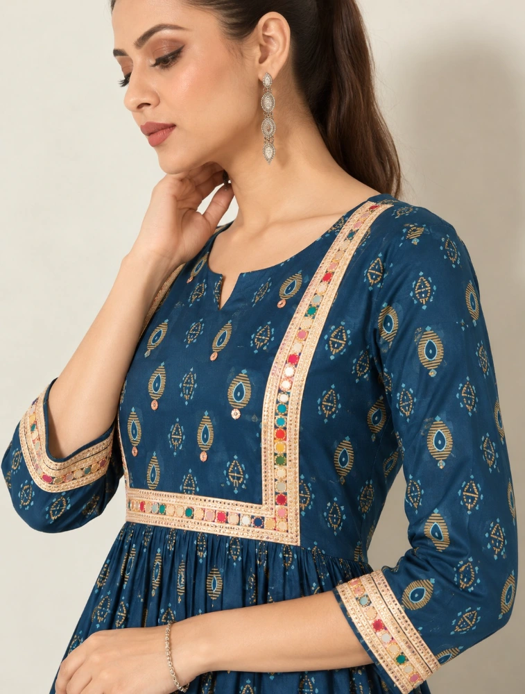 Dark Blue Womens Floral Printed Cotton Blend Kurta