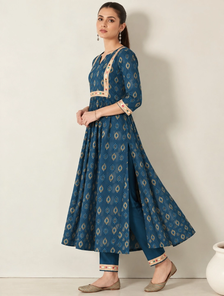 Dark Blue Womens Floral Printed Cotton Blend Kurta