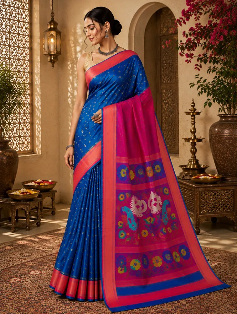 Dark Blue Womens Premium Semi Paitani sarees With Munia Border