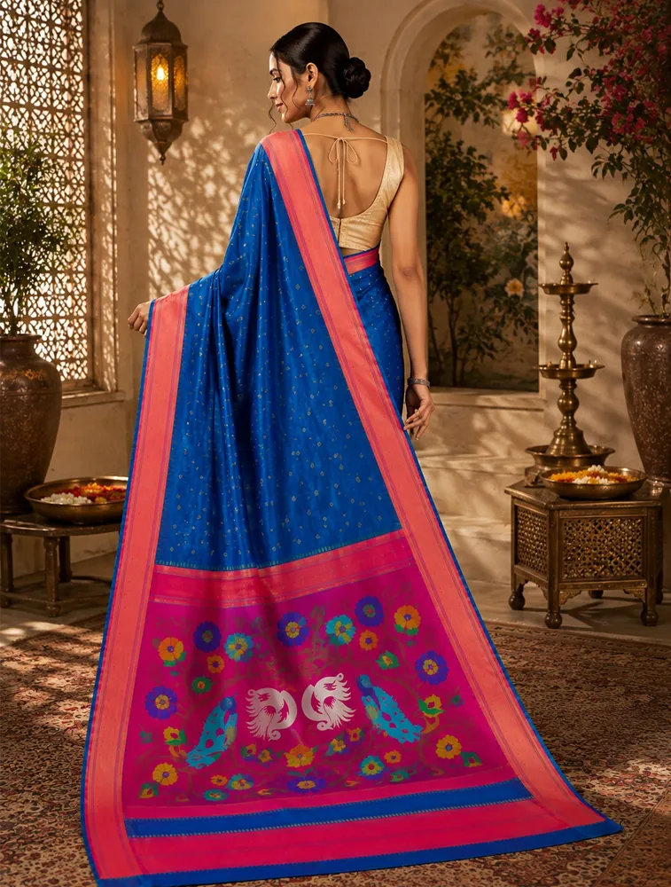 Dark Blue Womens Premium Semi Paitani sarees With Munia Border