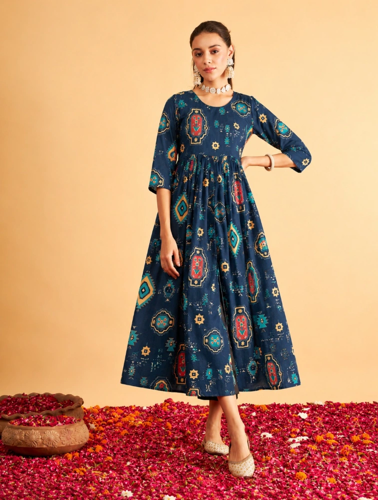 Dark Blue Womens Printed Anarkali Kurta